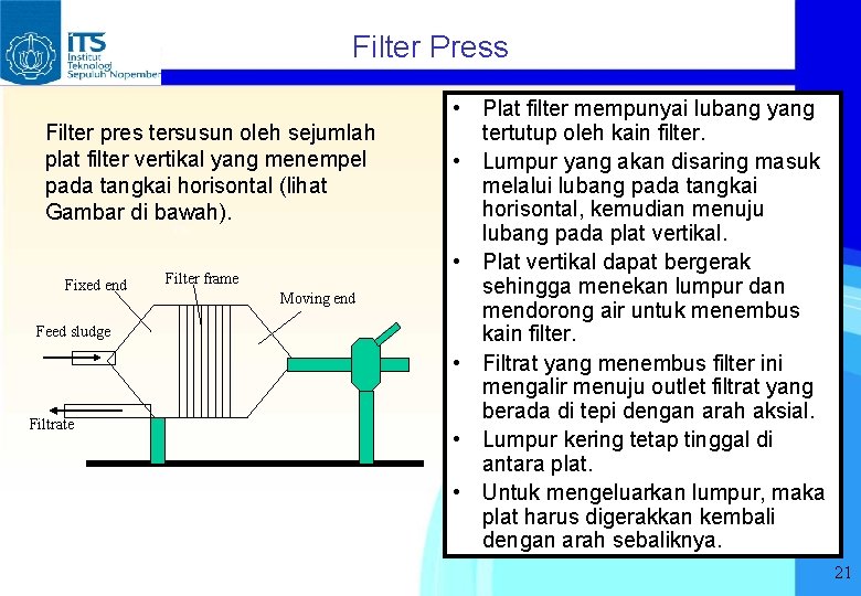 Filter Press Filter pres tersusun oleh sejumlah plat filter vertikal yang menempel pada tangkai