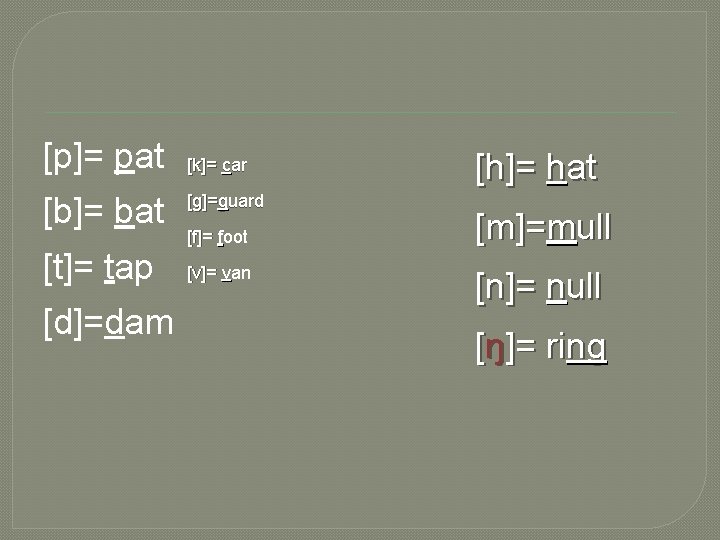 [p]= pat [b]= bat [t]= tap [d]=dam [k]= car [g]=guard [f]= foot [v]= van