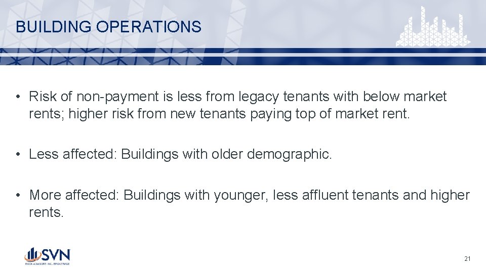 BUILDING OPERATIONS • Risk of non-payment is less from legacy tenants with below market