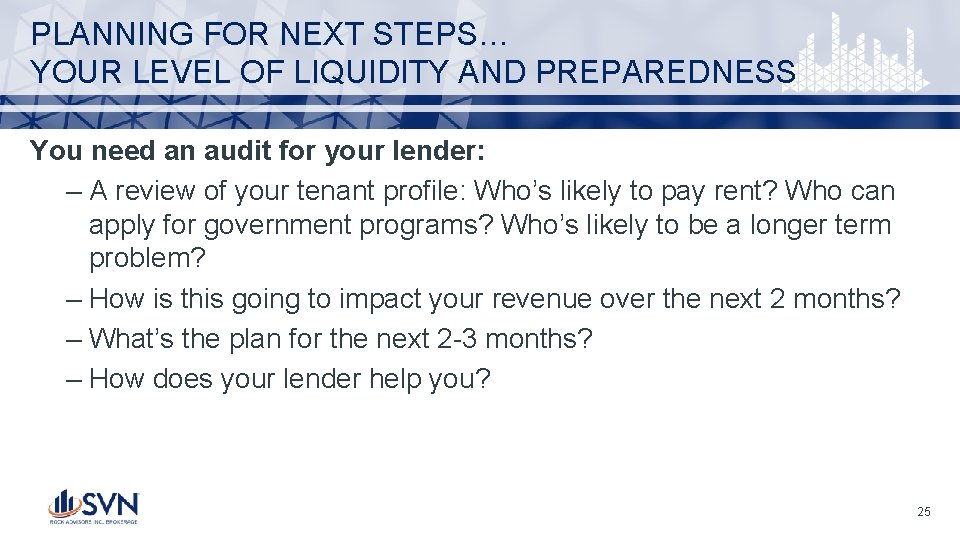 PLANNING FOR NEXT STEPS… YOUR LEVEL OF LIQUIDITY AND PREPAREDNESS You need an audit