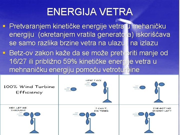 ENERGIJA VETRA § Pretvaranjem kinetičke energije vetra u mehaničku energiju (okretanjem vratila generatora) iskorišćava