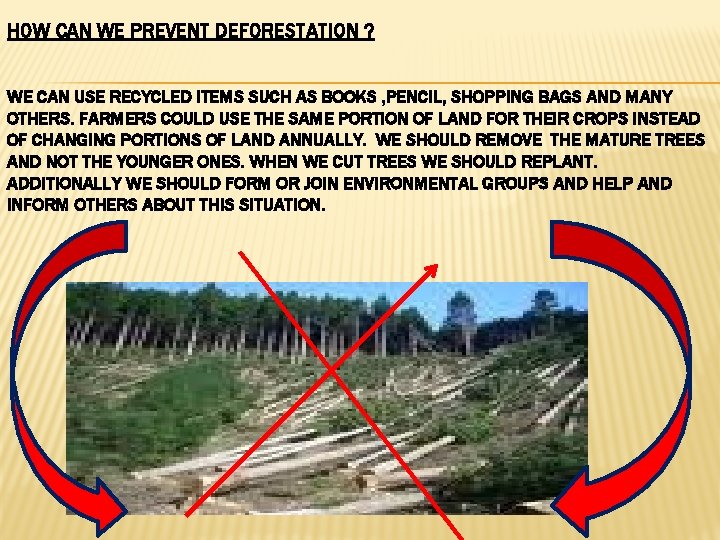 HOW CAN WE PREVENT DEFORESTATION ? WE CAN USE RECYCLED ITEMS SUCH AS BOOKS