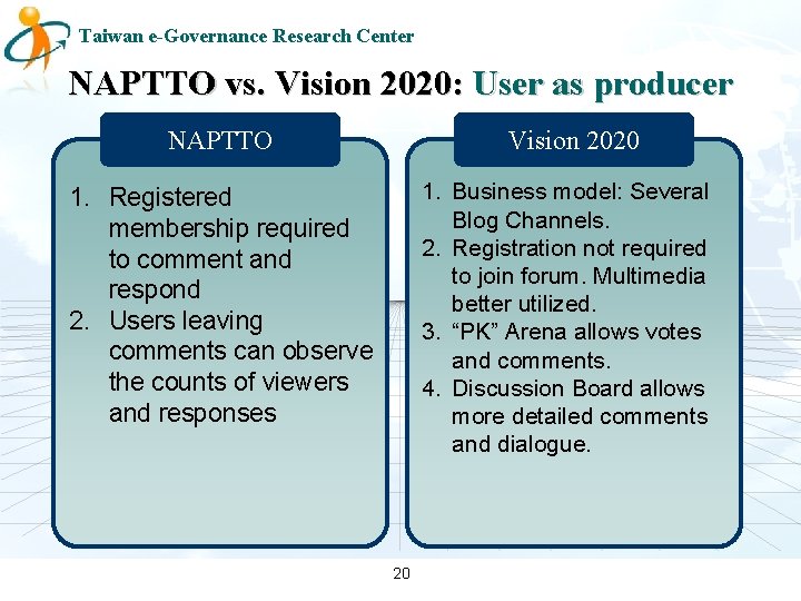 Taiwan e-Governance Research Center NAPTTO vs. Vision 2020: User as producer NAPTTO Vision 2020