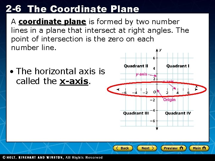 2 -6 The Coordinate Plane A coordinate plane is formed by two number lines