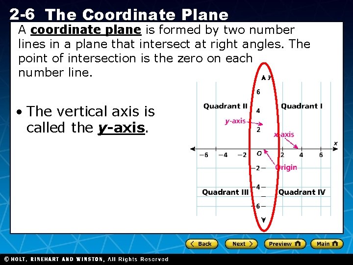2 -6 The Coordinate Plane A coordinate plane is formed by two number lines
