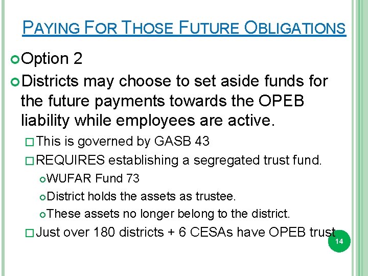 PAYING FOR THOSE FUTURE OBLIGATIONS Option 2 Districts may choose to set aside funds