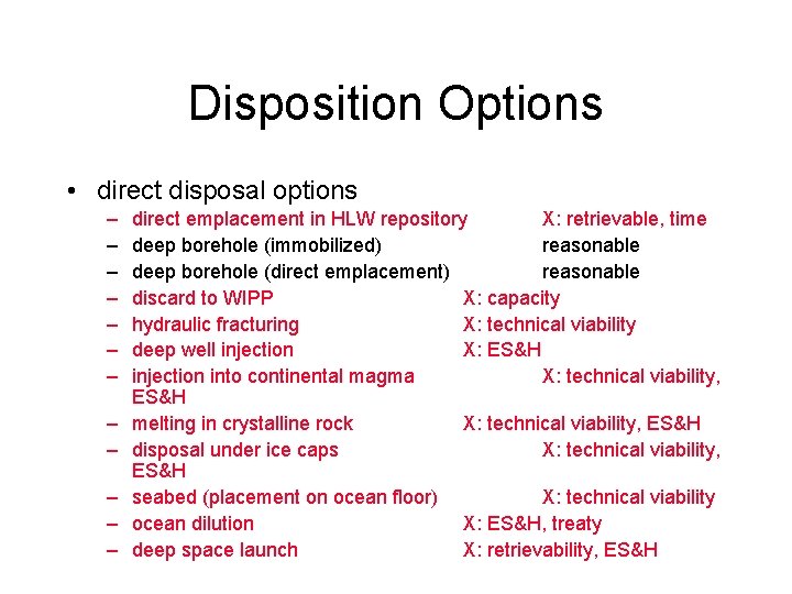 Disposition Options • direct disposal options – – – direct emplacement in HLW repository