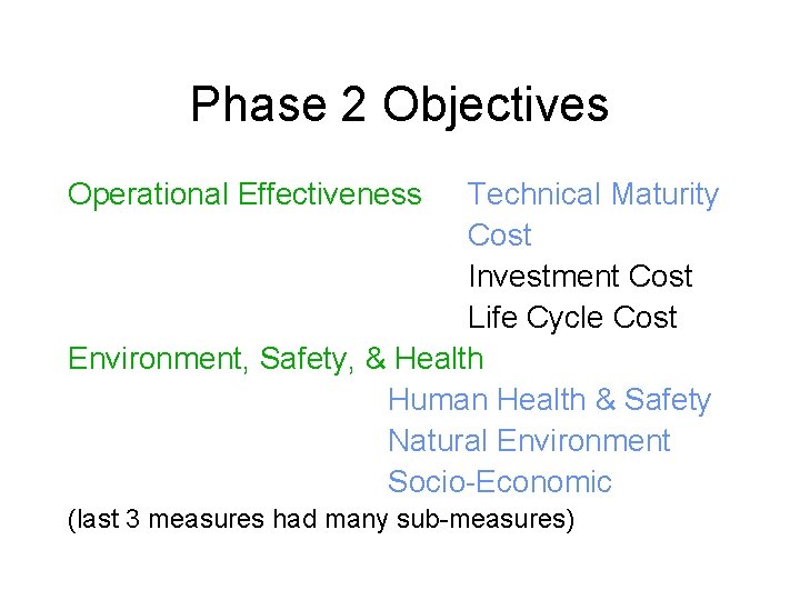 Phase 2 Objectives Operational Effectiveness Technical Maturity Cost Investment Cost Life Cycle Cost Environment,