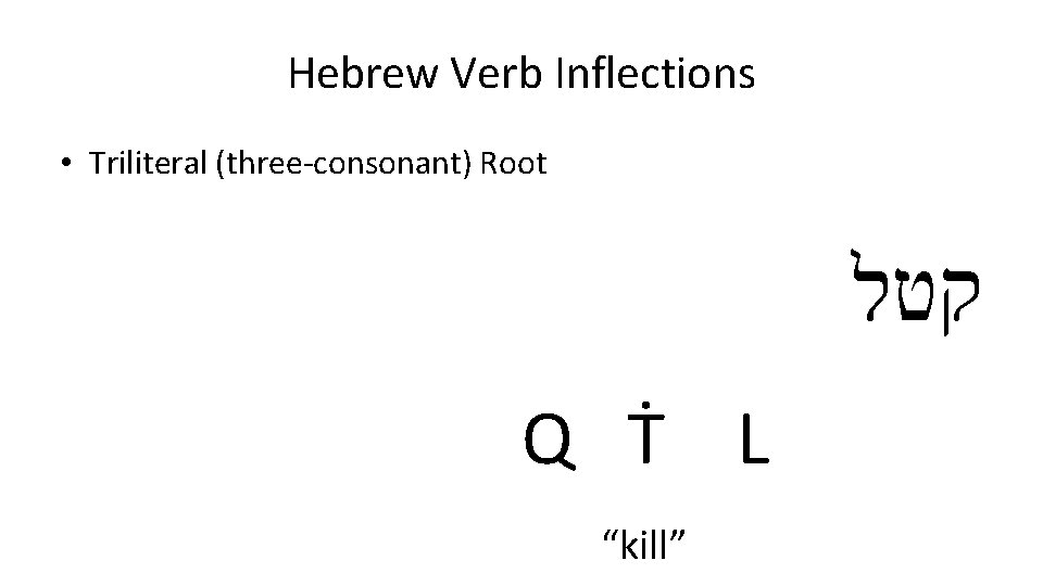 Hebrew Verb Inflections • Triliteral (three-consonant) Root קטל Q Ṫ L “kill” 