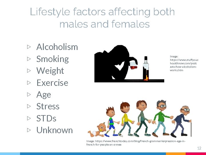Lifestyle factors affecting both males and females ▷ ▷ ▷ ▷ Alcoholism Smoking Weight