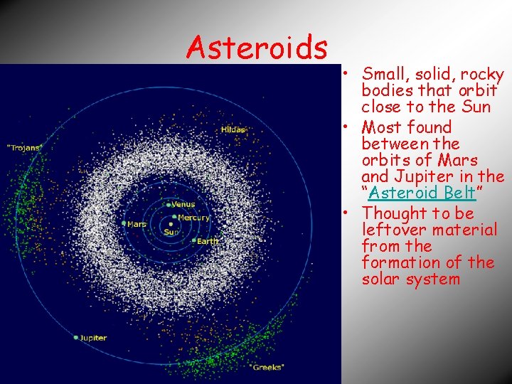 Asteroids • Small, solid, rocky bodies that orbit close to the Sun • Most