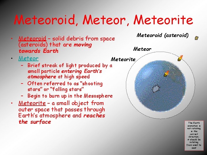 Meteoroid, Meteorite Meteoroid (asteroid) • Meteoroid – solid debris from space (asteroids) that are