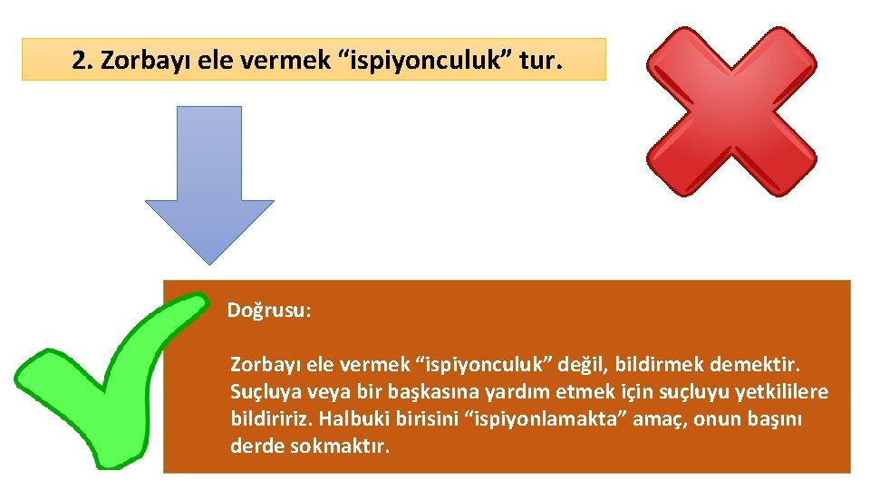 2. Zorbayı ele vermek “ispiyonculuk” tur. Doğrusu: Zorbayı ele vermek “ispiyonculuk” değil, bildirmek demektir.