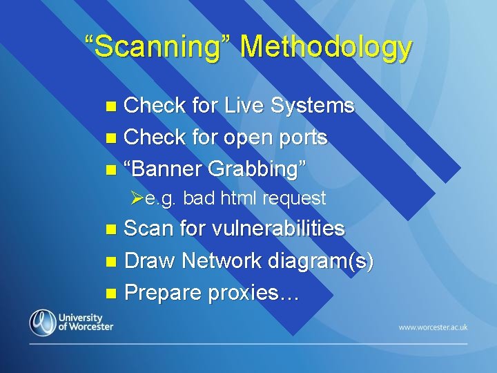 “Scanning” Methodology Check for Live Systems n Check for open ports n “Banner Grabbing”