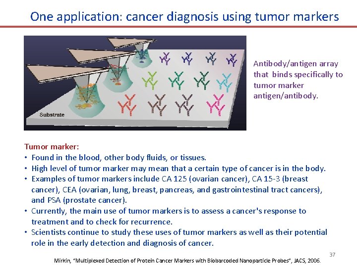 One application: cancer diagnosis using tumor markers Antibody/antigen array that binds specifically to tumor