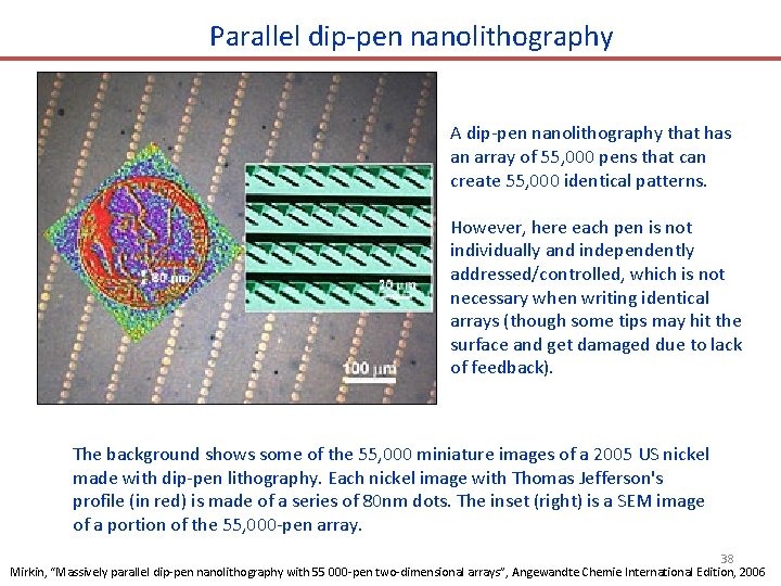 Parallel dip-pen nanolithography A dip-pen nanolithography that has an array of 55, 000 pens