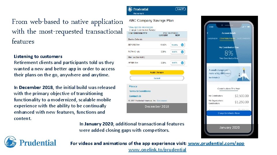 From web-based to native application with the most-requested transactional features Listening to customers Retirement