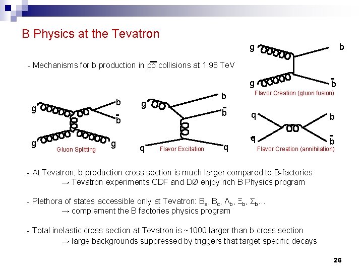 B Physics at the Tevatron g b - Mechanisms for b production in pp