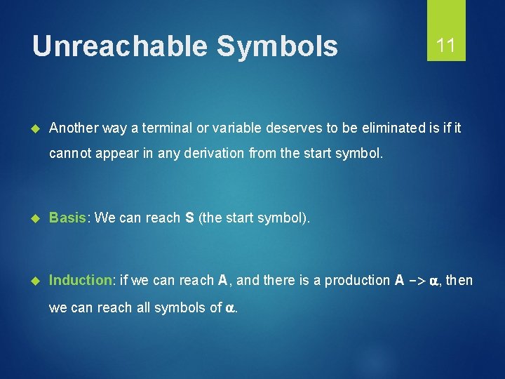Unreachable Symbols 11 Another way a terminal or variable deserves to be eliminated is