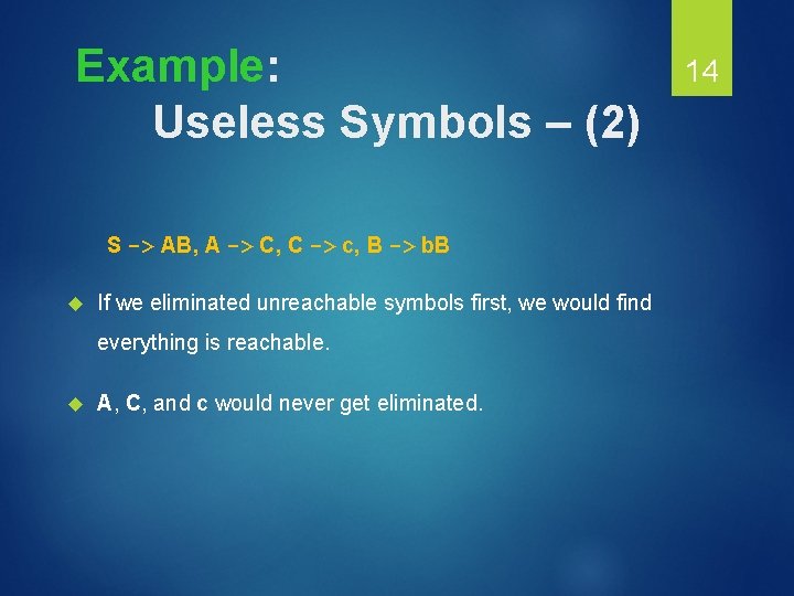 Example: Useless Symbols – (2) S -> AB, A -> C, C -> c,