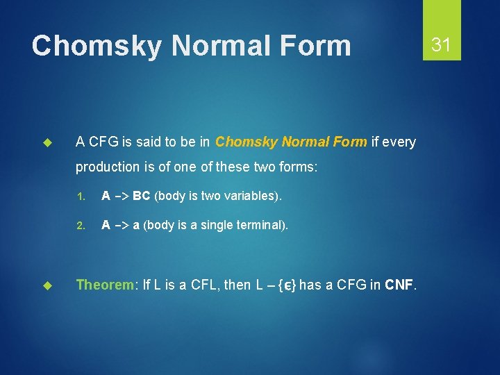 Chomsky Normal Form A CFG is said to be in Chomsky Normal Form if