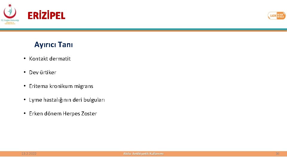 ERİZİPEL Ayırıcı Tanı • Kontakt dermatit • Dev ürtiker • Eritema kronikum migrans •