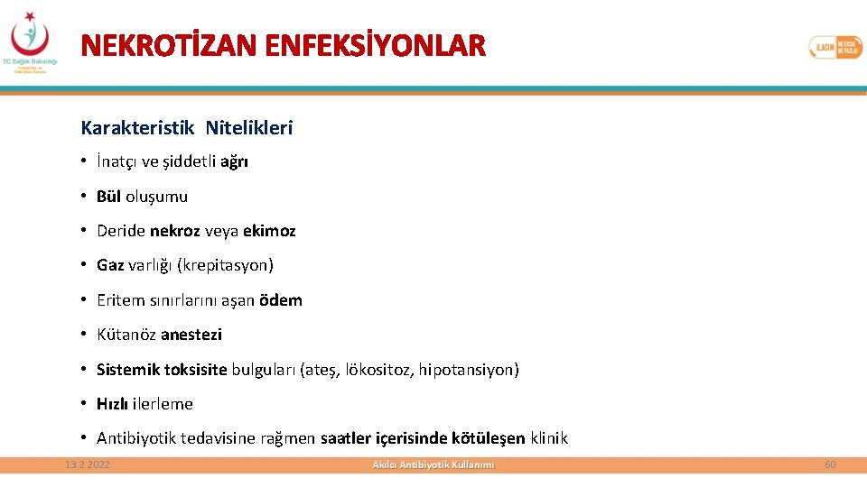 NEKROTİZAN ENFEKSİYONLAR Karakteristik Nitelikleri • İnatçı ve şiddetli ağrı • Bül oluşumu • Deride