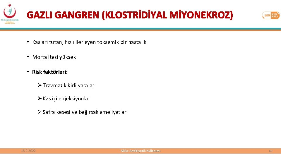 GAZLI GANGREN (KLOSTRİDİYAL MİYONEKROZ) • Kasları tutan, hızlı ilerleyen toksemik bir hastalık • Mortalitesi