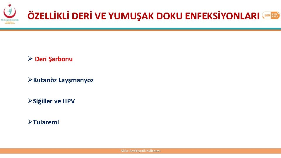ÖZELLİKLİ DERİ VE YUMUŞAK DOKU ENFEKSİYONLARI Ø Deri Şarbonu ØKutanöz Layşmanyoz ØSiğiller ve HPV