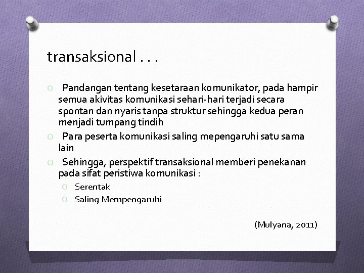 transaksional. . . Pandangan tentang kesetaraan komunikator, pada hampir semua akivitas komunikasi sehari-hari terjadi