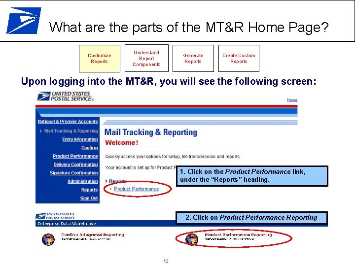 What are the parts of the MT&R Home Page? Customize Reports Understand Report Components