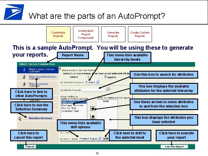 What are the parts of an Auto. Prompt? Customize Reports Understand Report Components Generate