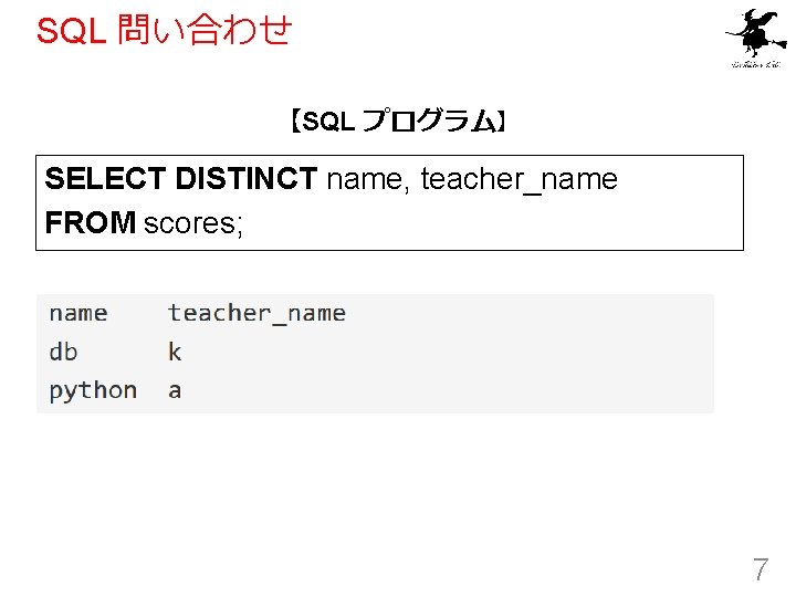 SQL 問い合わせ 【SQL プログラム】 SELECT DISTINCT name, teacher_name FROM scores; 7 