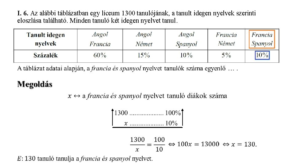 I. 6. Az alábbi táblázatban egy líceum 1300 tanulójának, a tanult idegen nyelvek szerinti