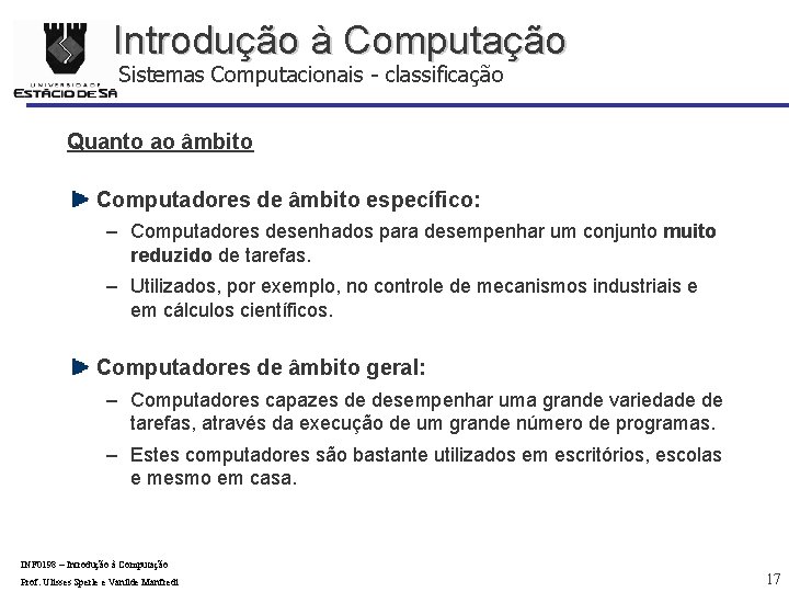 Introdução à Computação Sistemas Computacionais - classificação Quanto ao âmbito Computadores de âmbito específico: