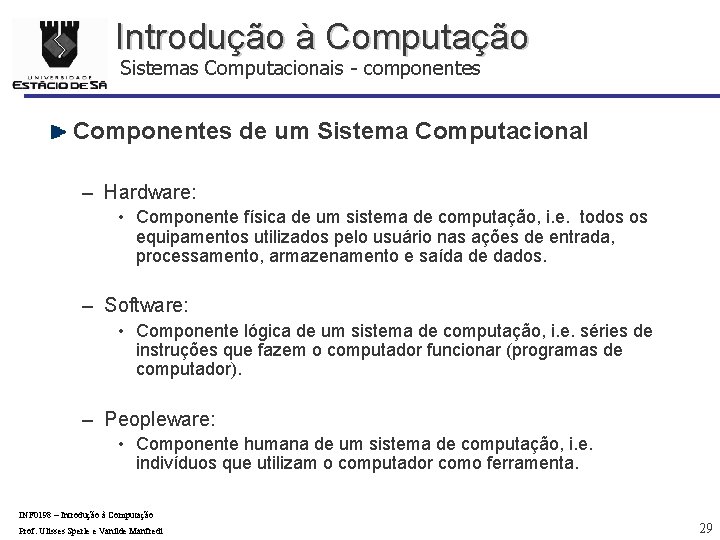 Introdução à Computação Sistemas Computacionais - componentes Componentes de um Sistema Computacional – Hardware: