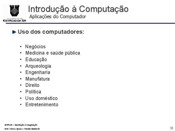 Introdução à Computação Aplicações do Computador Uso dos computadores: • • • Negócios Medicina