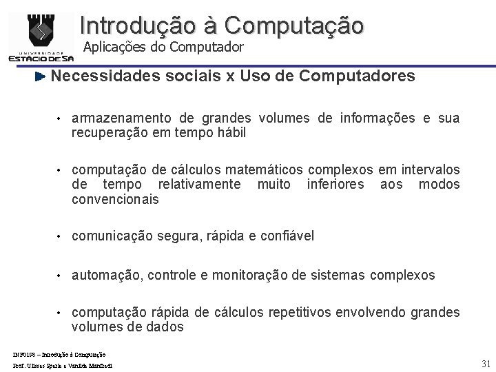 Introdução à Computação Aplicações do Computador Necessidades sociais x Uso de Computadores • armazenamento