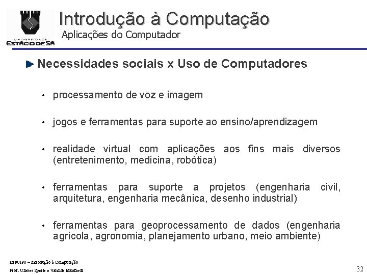 Introdução à Computação Aplicações do Computador Necessidades sociais x Uso de Computadores • processamento