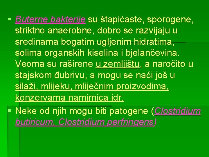 § Buterne bakterije su štapićaste, sporogene, striktno anaerobne, dobro se razvijaju u sredinama bogatim