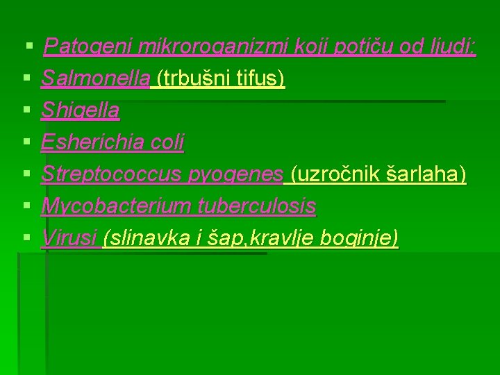 § Patogeni mikroroganizmi koji potiču od ljudi: § Salmonella (trbušni tifus) § Shigella §