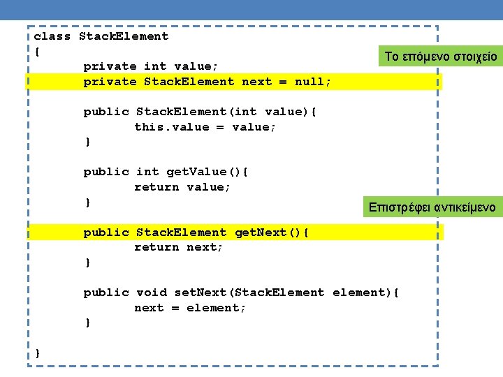 class Stack. Element { private int value; private Stack. Element next = null; Το