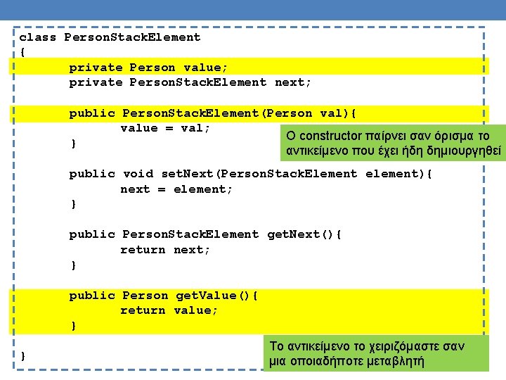 class Person. Stack. Element { private Person value; private Person. Stack. Element next; public