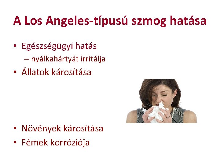 A Los Angeles-típusú szmog hatása • Egészségügyi hatás – nyálkahártyát irritálja • Állatok károsítása