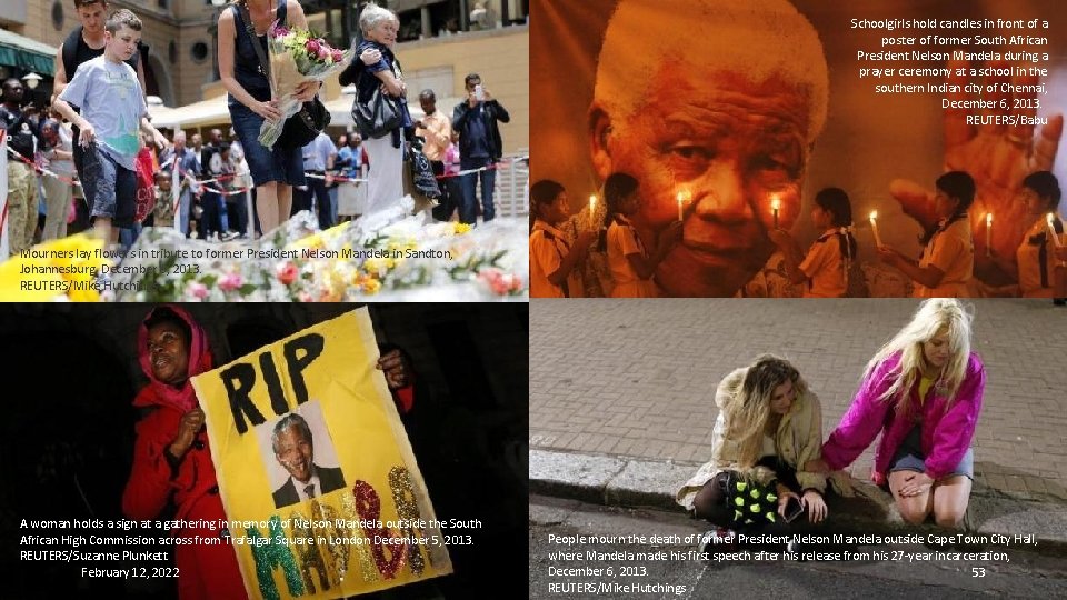 Schoolgirls hold candles in front of a poster of former South African President Nelson