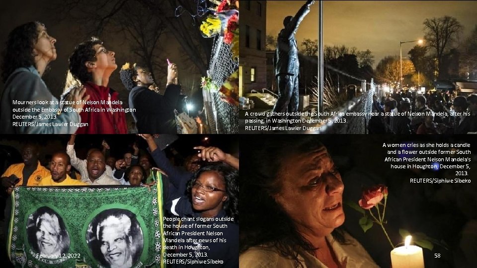 Mourners look at a statue of Nelson Mandela outside the Embassy of South Africa