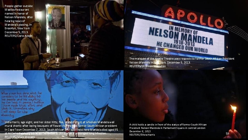People gather outside Madiba Restaurant named in honor of Nelson Mandela, after hearing news