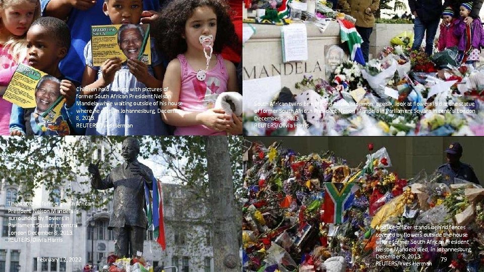 Children hold leaflets with pictures of former South African President Nelson Mandela while waiting