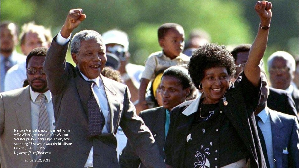 Nelson Mandela, accompanied by his wife Winnie, walks out of the Victor Verster prison,