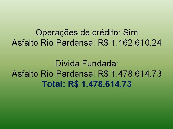 Operações de crédito: Sim Asfalto Rio Pardense: R$ 1. 162. 610, 24 Dívida Fundada: